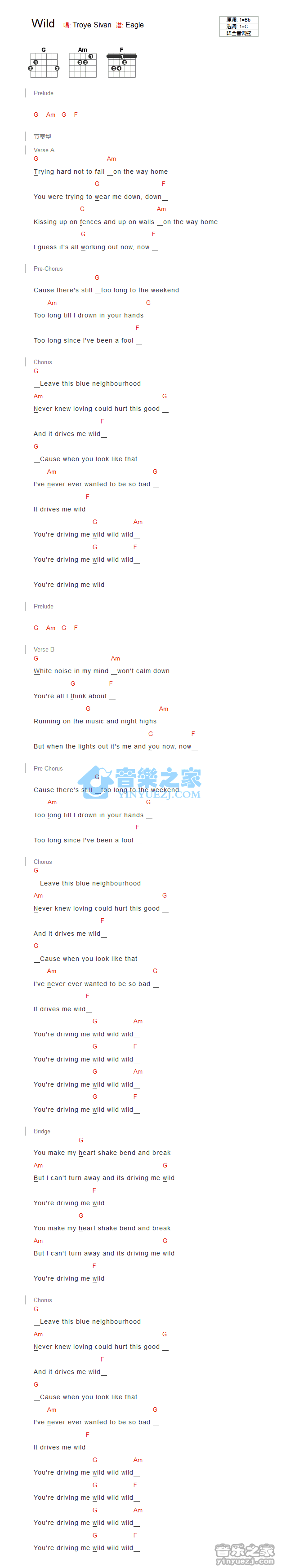 wild吉他谱 C调和弦谱_音乐之家编配_Troye Sivan1