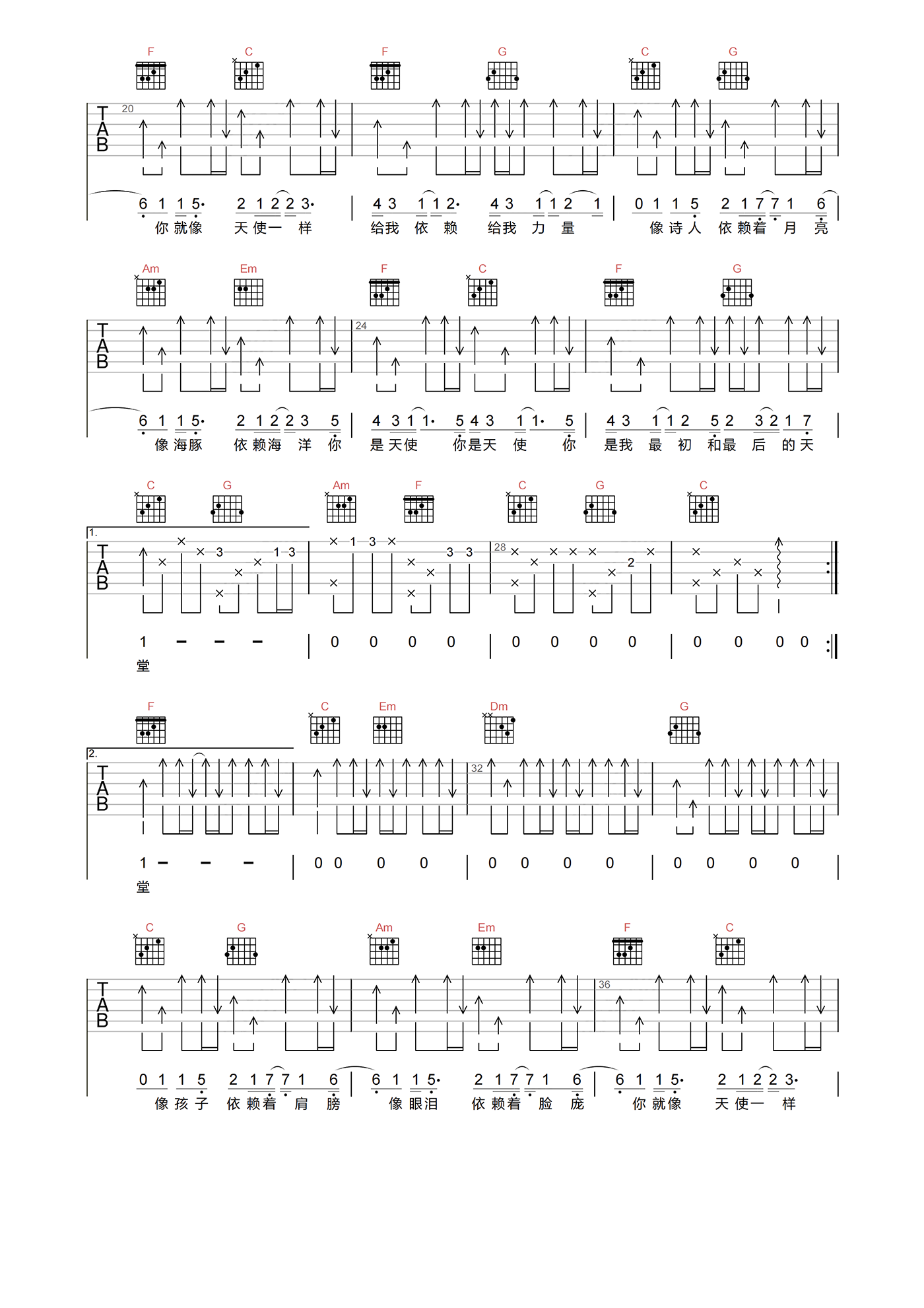 天使吉他谱-五月天-《天使》C调原版吉他六线谱1