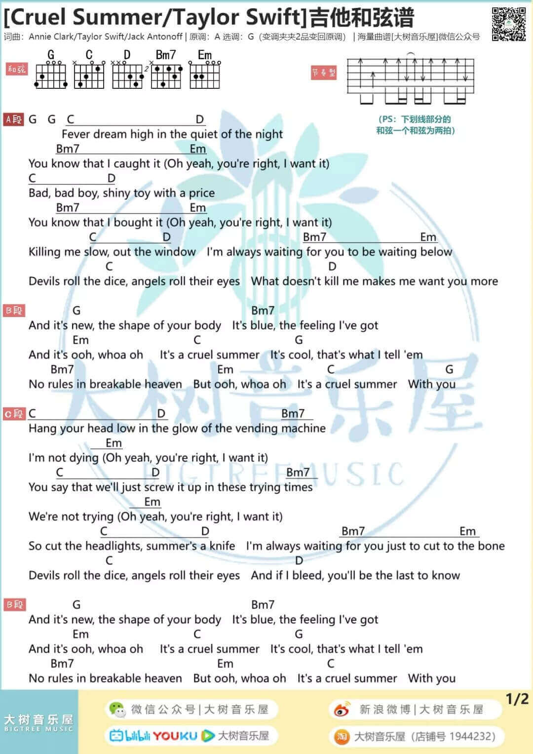 Cruel Summer吉他谱 G调-Taylor Swift1