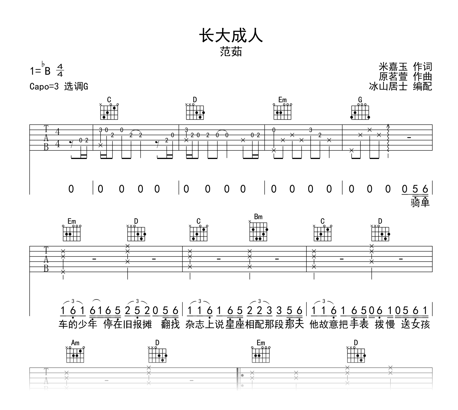 长大成人吉他谱_范茹_G调弹唱谱_高清六线谱1