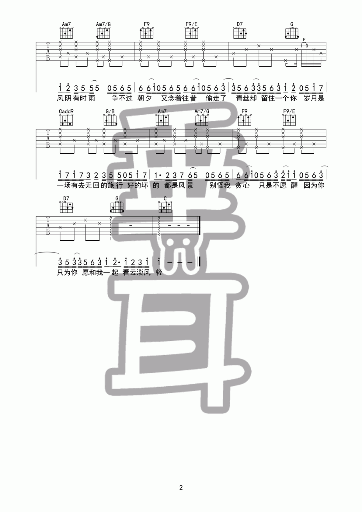 岁月神偷_D调吉他谱_金玟岐2