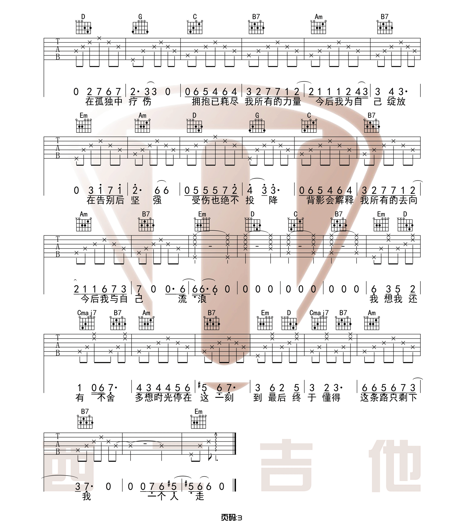 《今后我与自己流浪》吉他谱-张碧晨-G调原版弹唱谱-六线谱3
