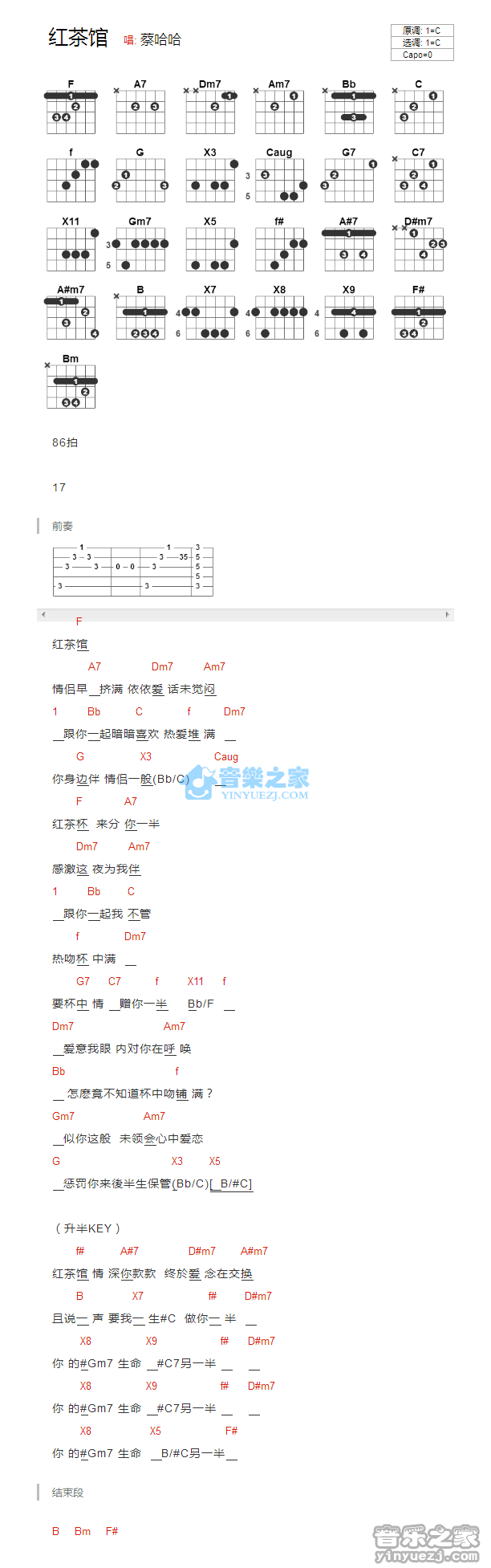 红茶馆吉他谱 C调版 陈慧娴1