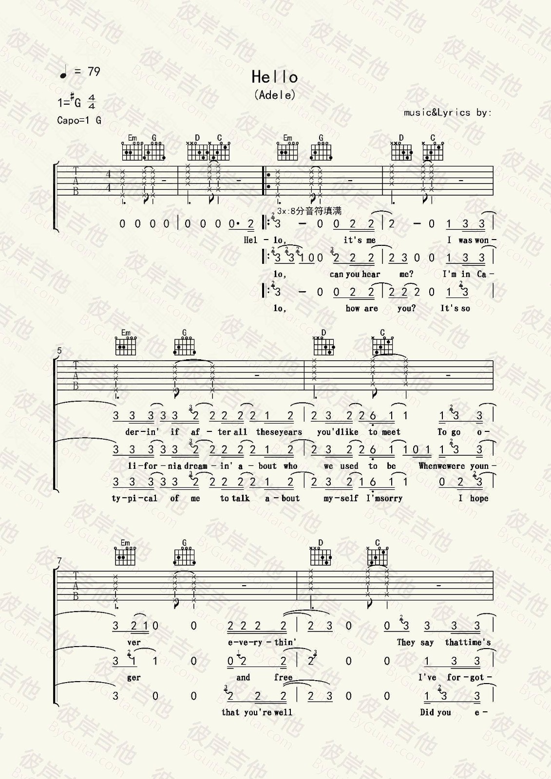 hello吉他谱 G调精选版_彼岸吉他编配_Adele1