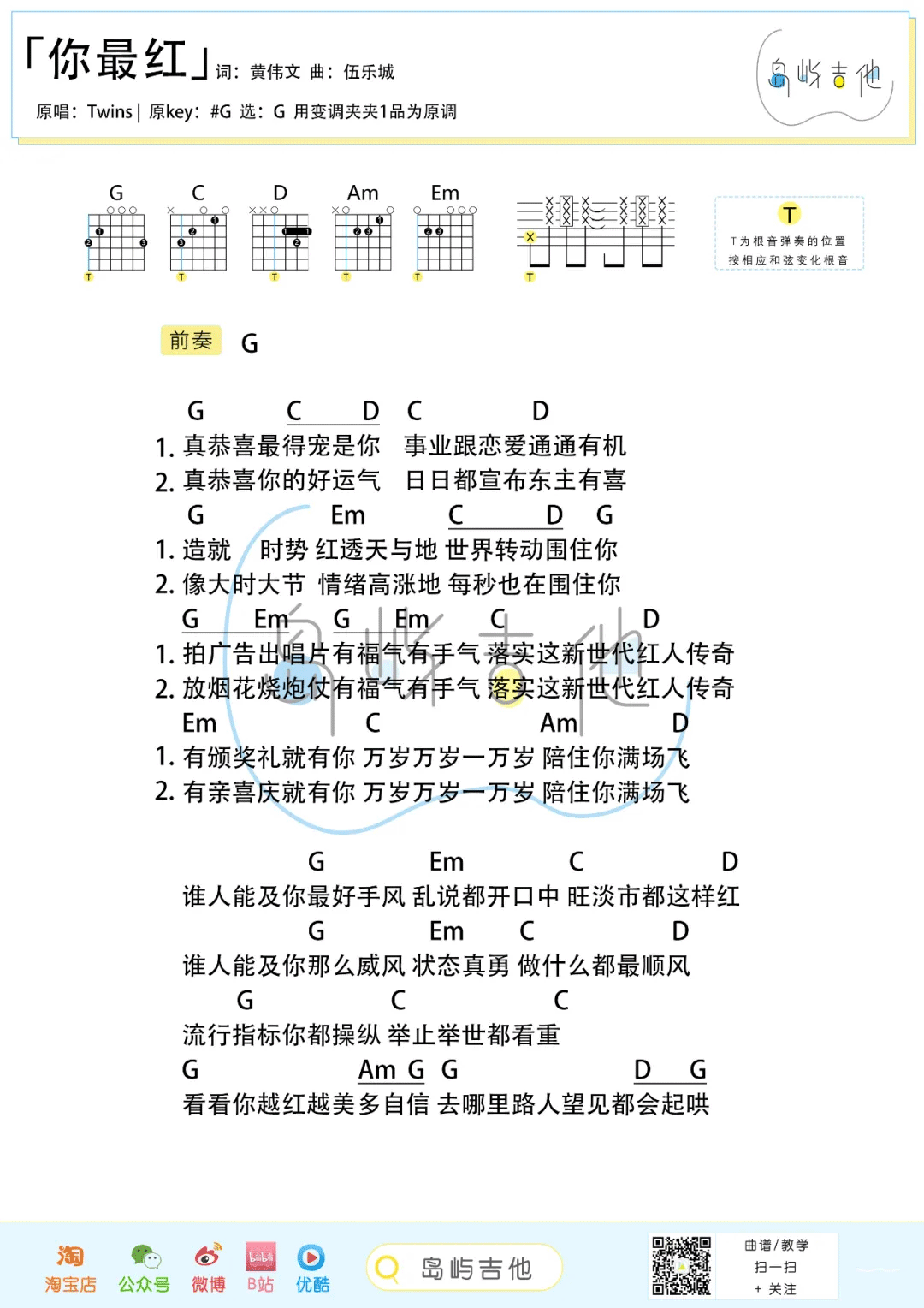 你最红吉他谱_Twins_G调简单版六线谱_吉他弹唱教学2