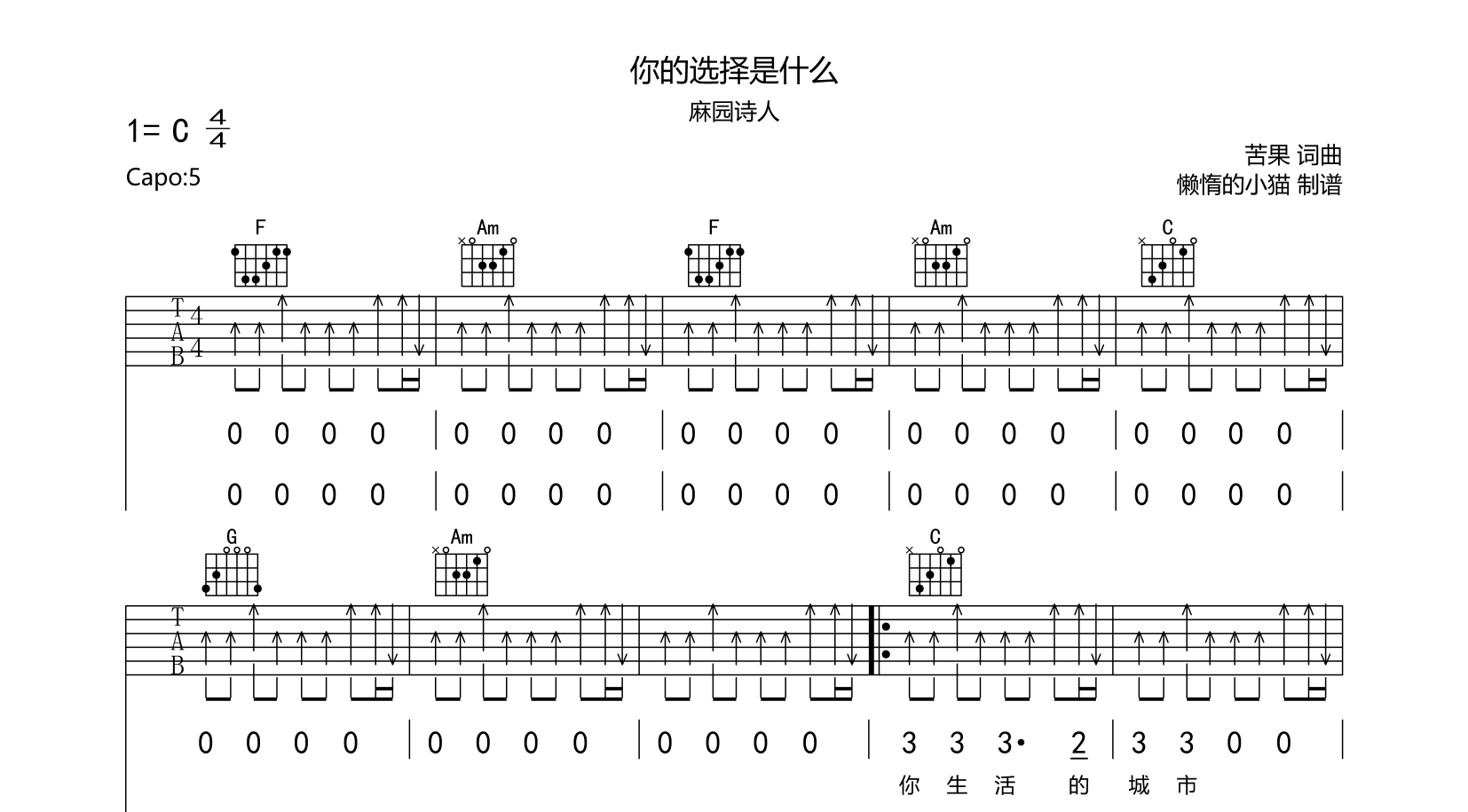 你的选择是什么吉他谱_麻园诗人_C调六线谱1