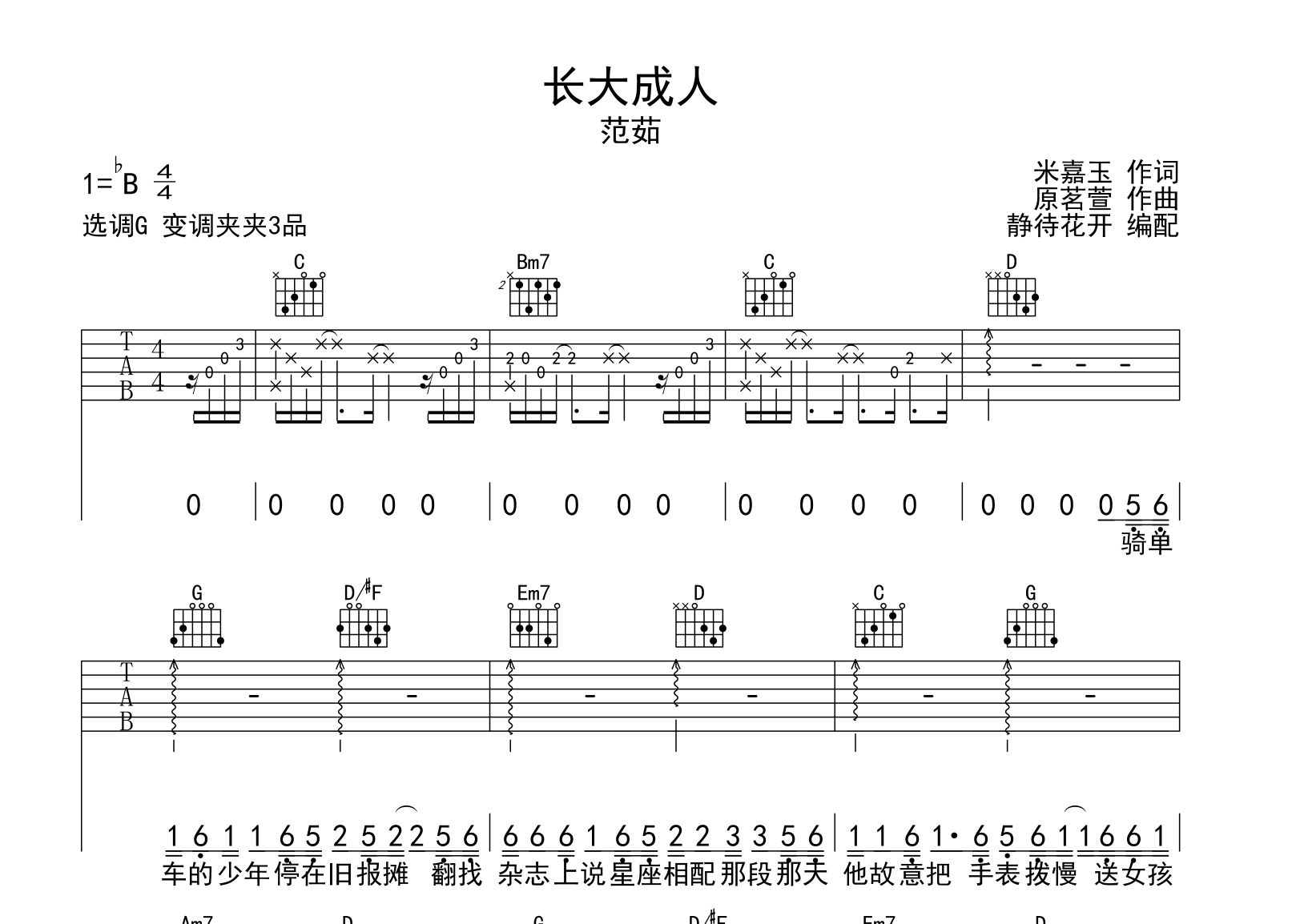 范茹《长大成人》吉他谱-G调原版弹唱吉他谱1