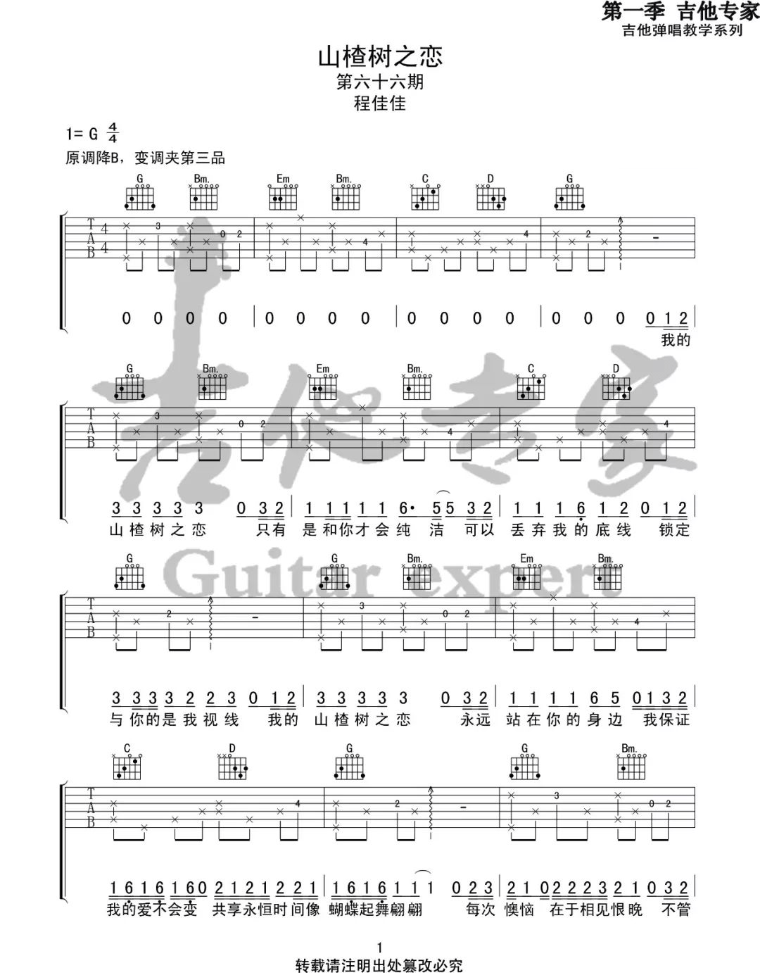 山楂树之恋吉他谱_大能人/程佳佳_G调原版_吉他弹唱六线谱1