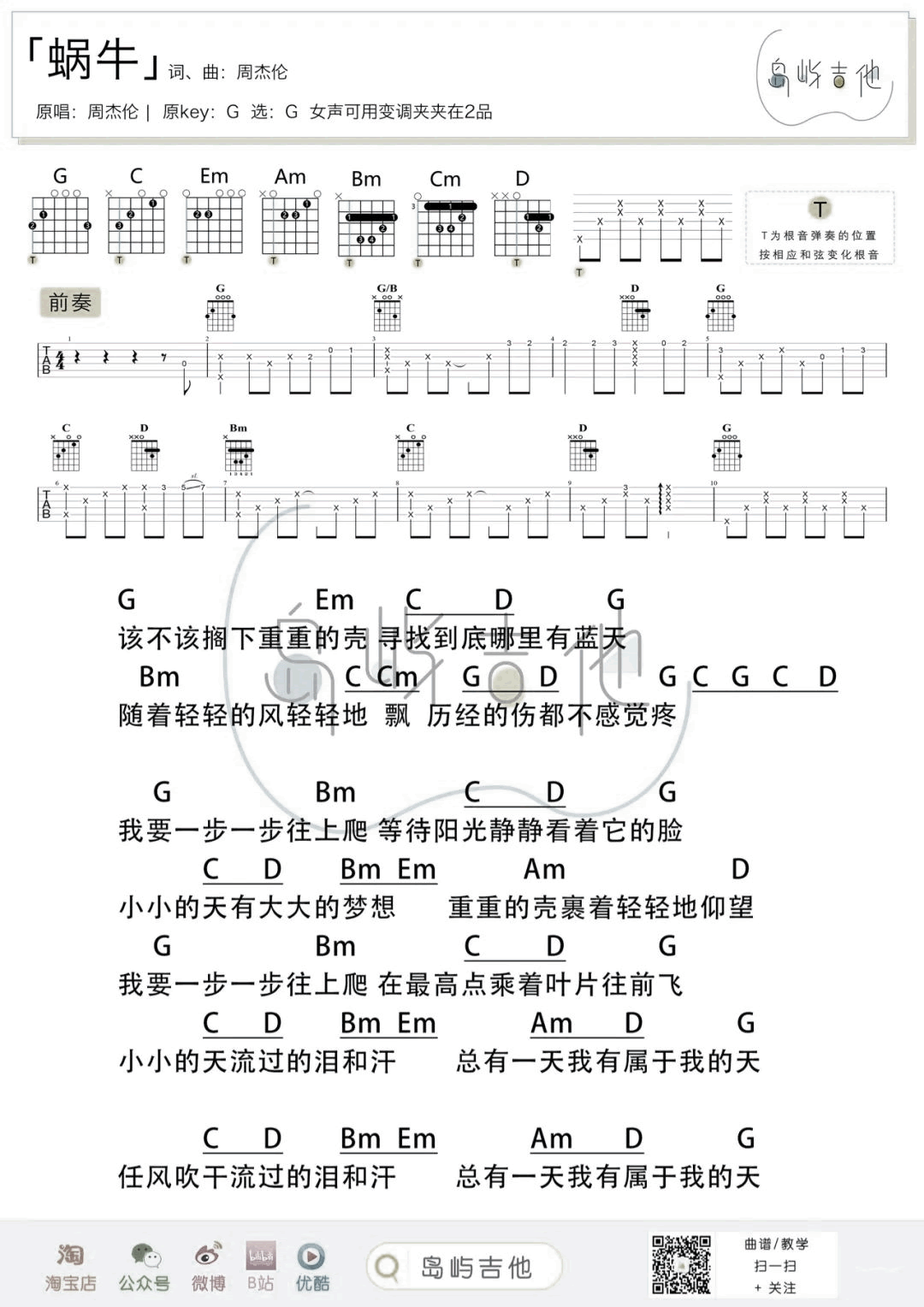 蜗牛吉他谱_周杰伦_G调弹唱谱_吉他教学视频2