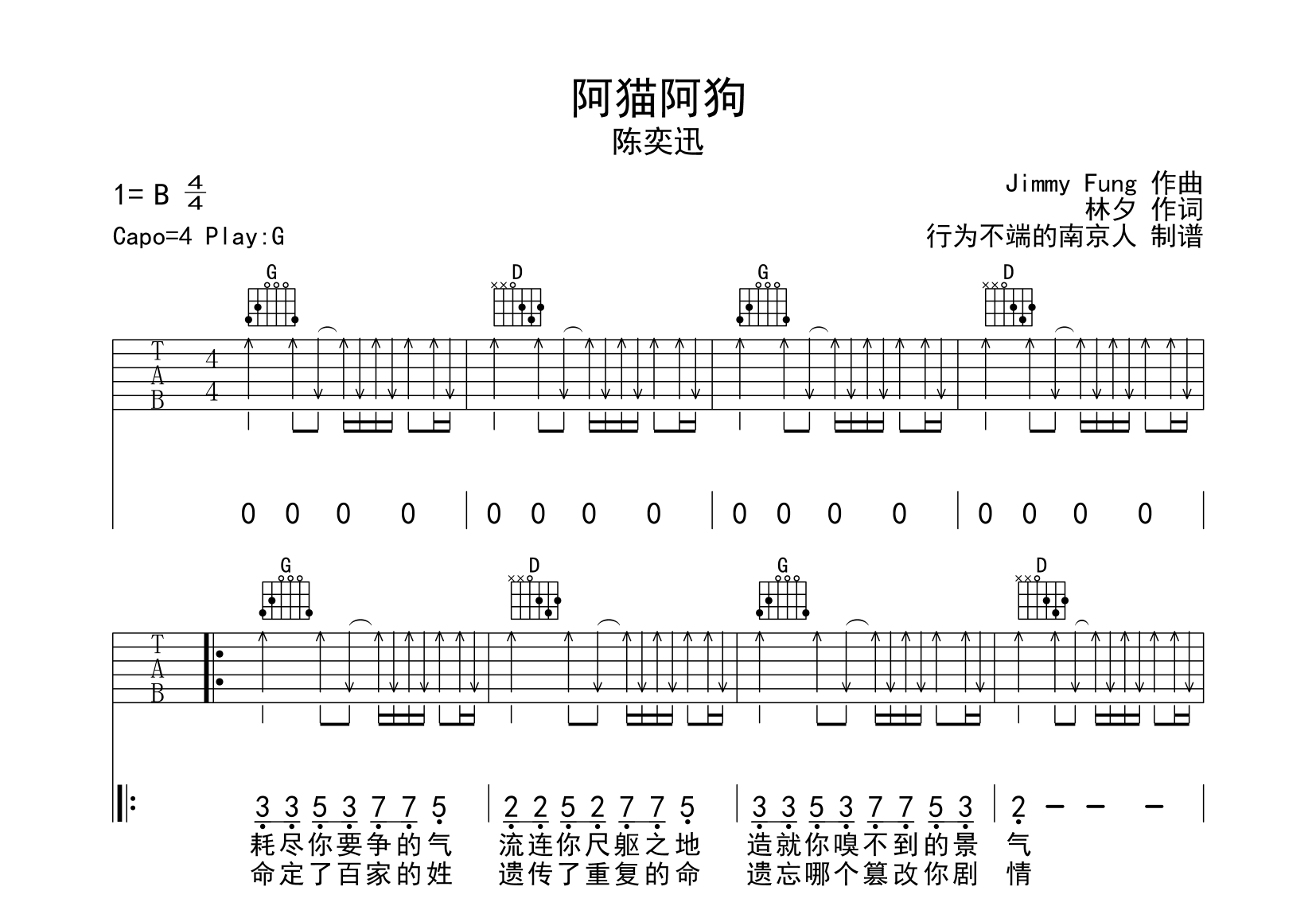 阿猫阿狗吉他谱_陈奕迅_G调弹唱六线谱1
