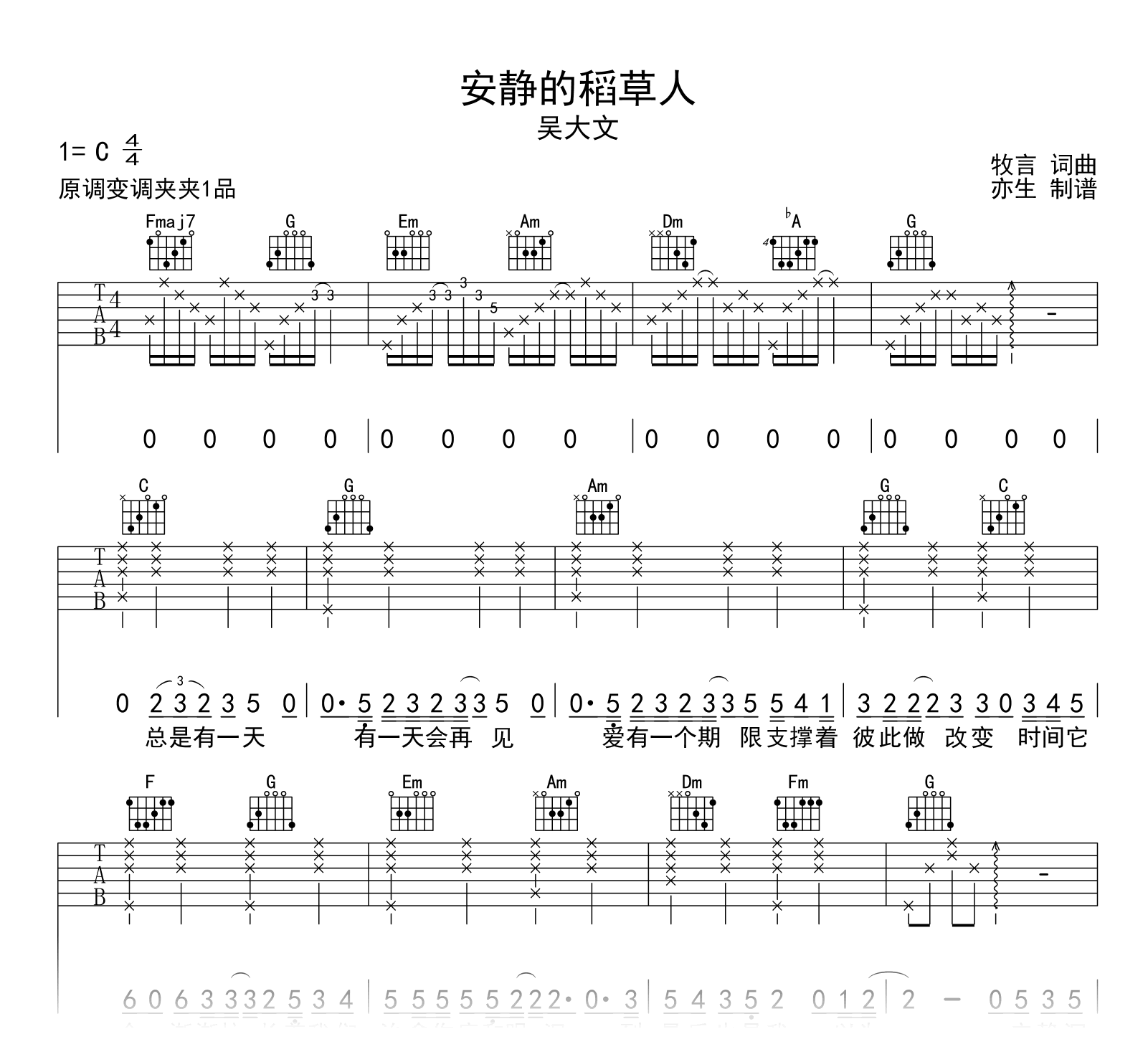 安静的稻草人吉他谱_吴大文_C调弹唱六线谱1