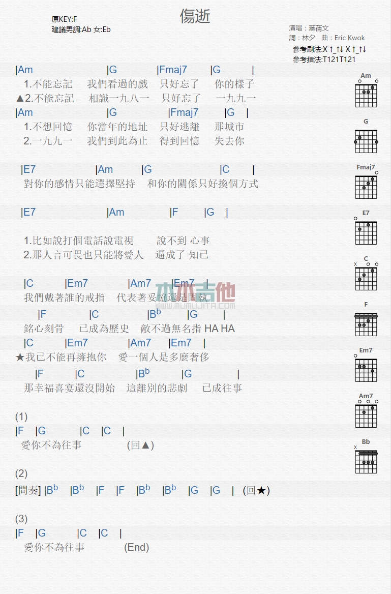 伤逝吉他谱 F调_木木吉他编配_叶倩文1