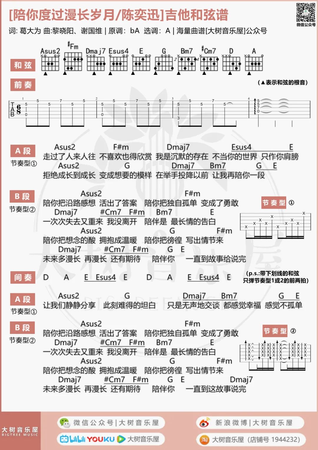 陪你度过漫长岁月吉他谱_陈奕迅_A调六线谱/和弦谱_弹唱教学4