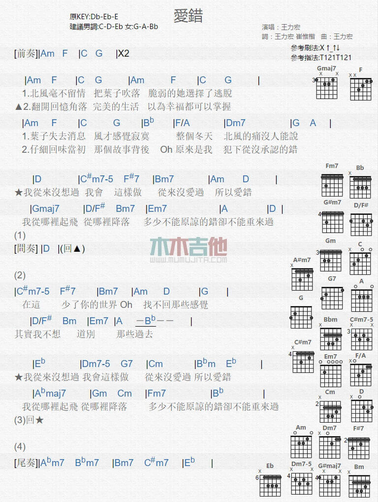 爱错吉他谱 A调和弦谱-王力宏1