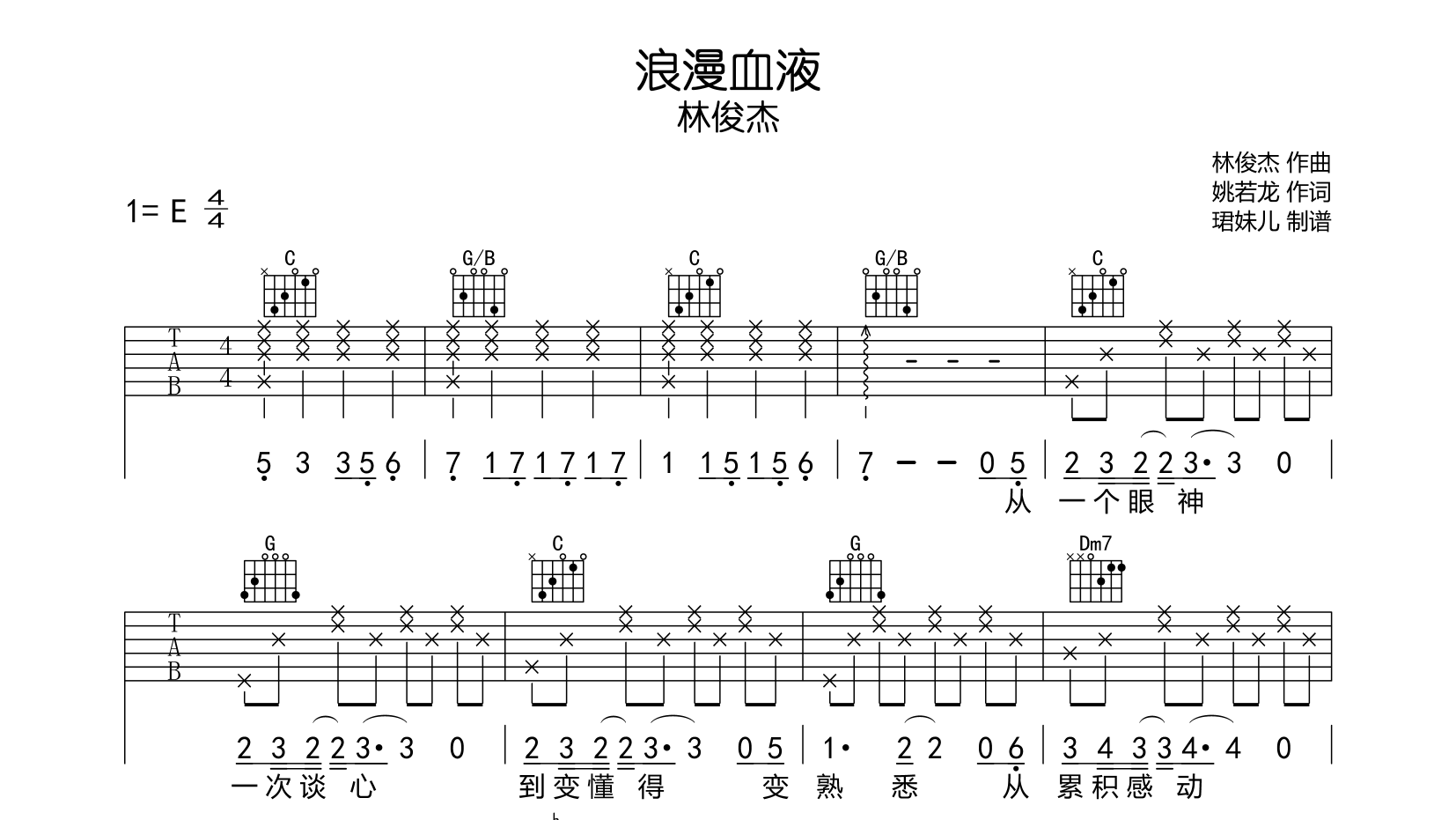 林俊杰《浪漫血液》吉他谱_C调吉他弹唱谱1