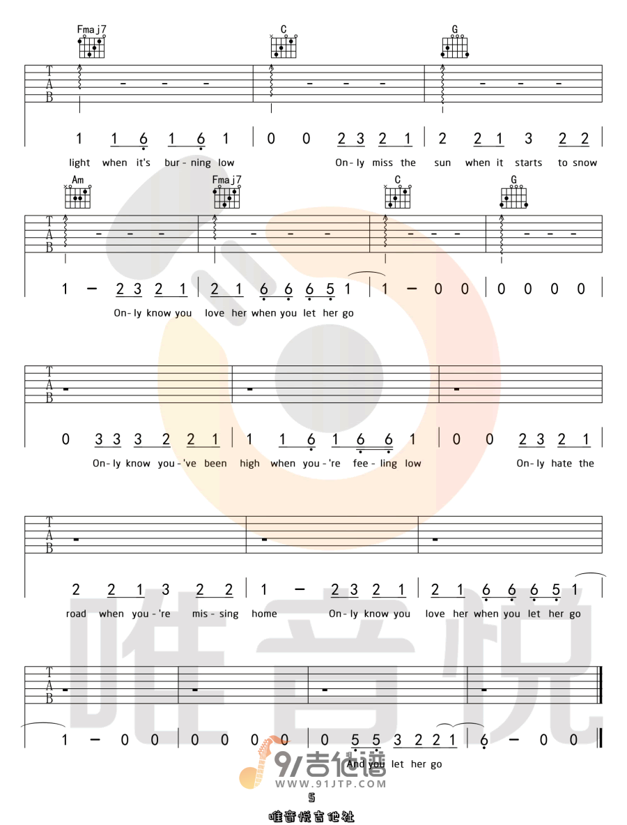 Passenger《Let Her Go》吉他谱 C调指法原版编配 民谣吉他弹唱六线谱5
