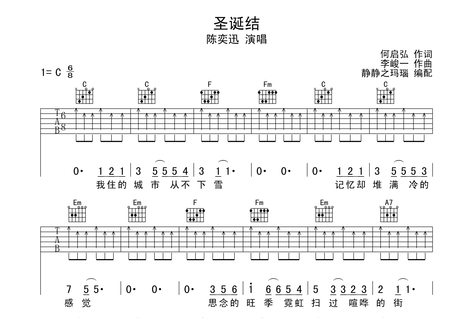 陈奕迅《圣诞结》吉他谱_C调指法简单扫弦版1