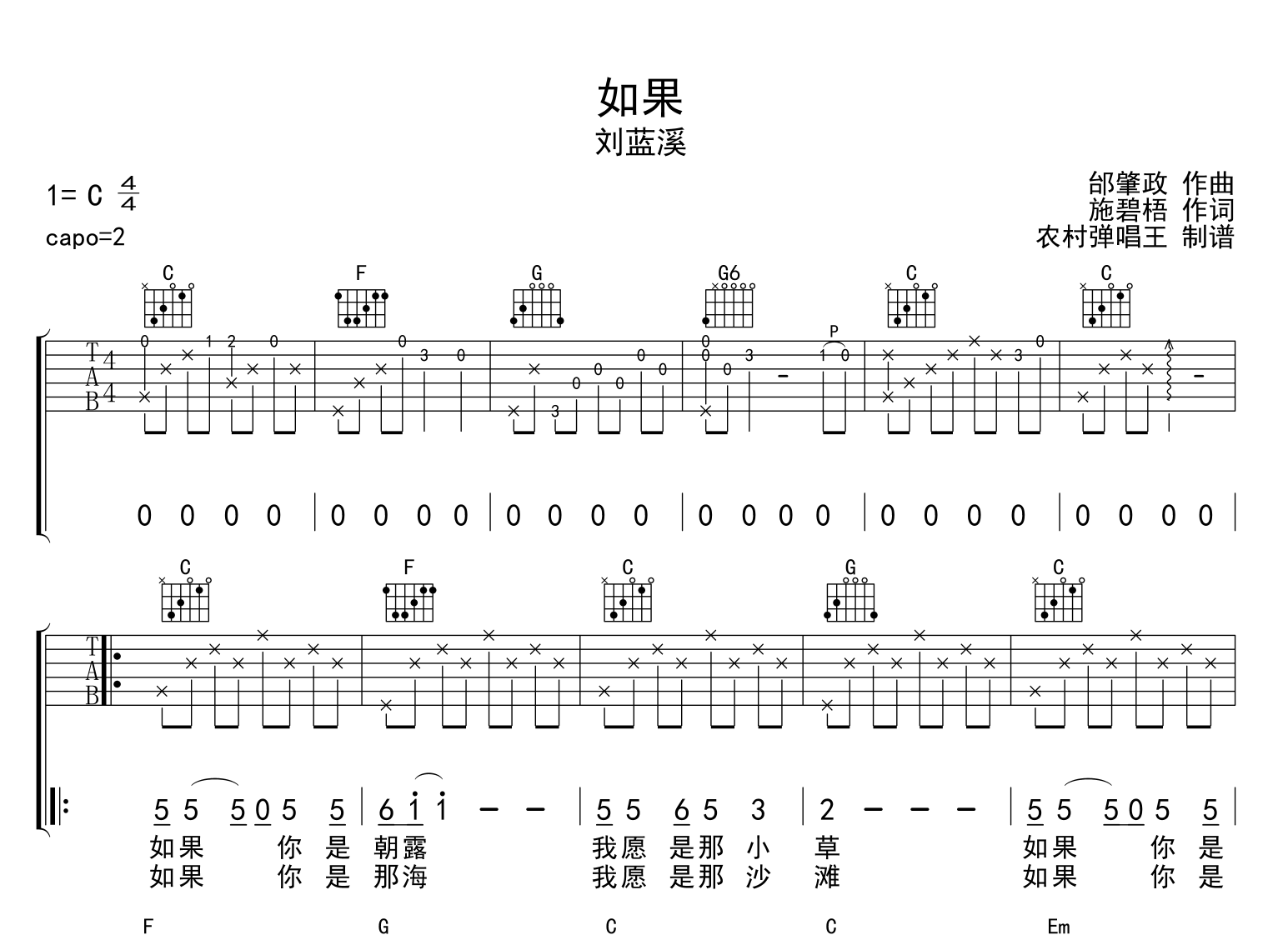 如果吉他谱_刘蓝溪_《如果》C调吉他弹唱谱1