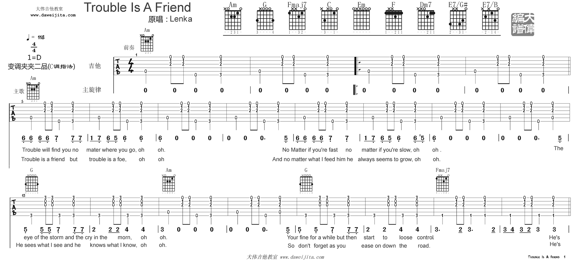 《trouble is a friend》大伟吉他谱1