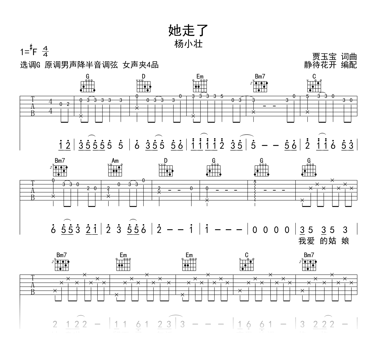她走了吉他谱_杨小壮_G调弹唱谱_高清六线谱1