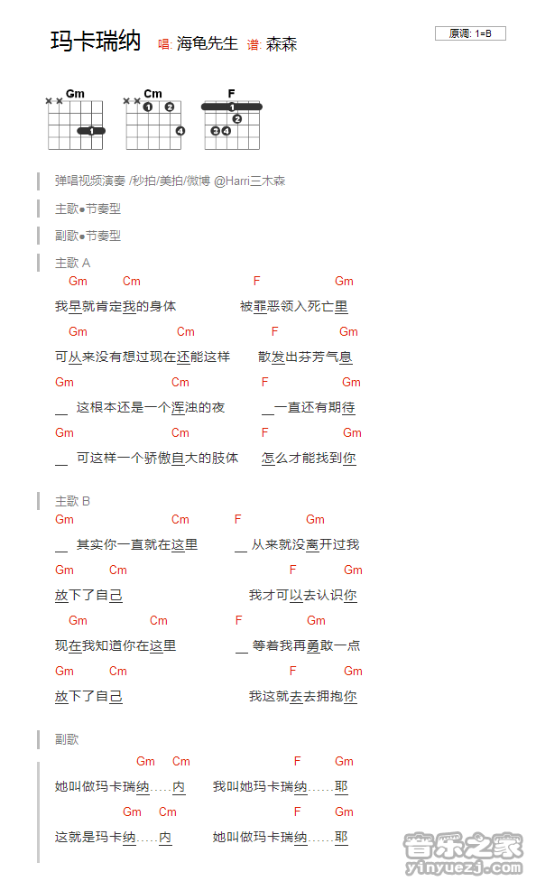 玛卡瑞纳吉他谱 B调_音乐之家编配_海龟先生1
