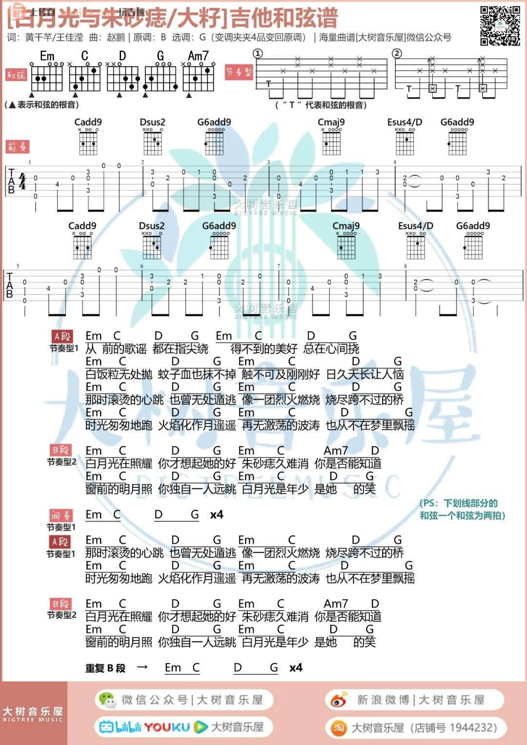 《白月光与朱砂痣》吉他谱_G调超原版六线谱_吉他弹唱教学_大籽1