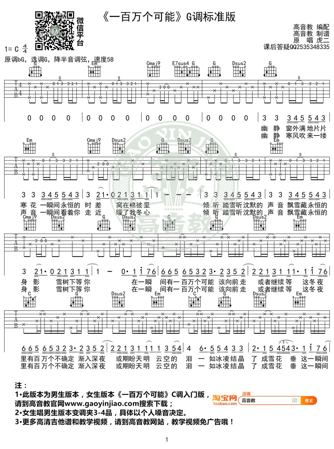 一百万个可能 G调吉他谱 曲肖冰1