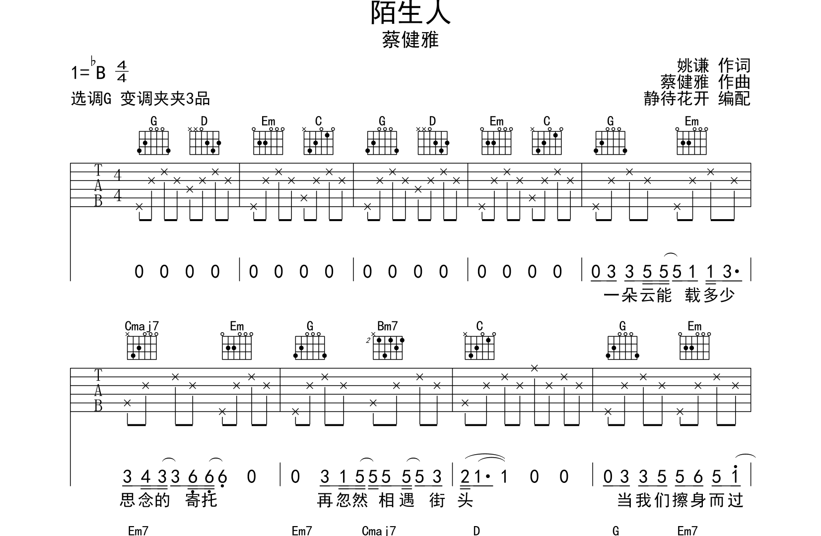 陌生人吉他谱_G调吉他六线谱_蔡健雅1