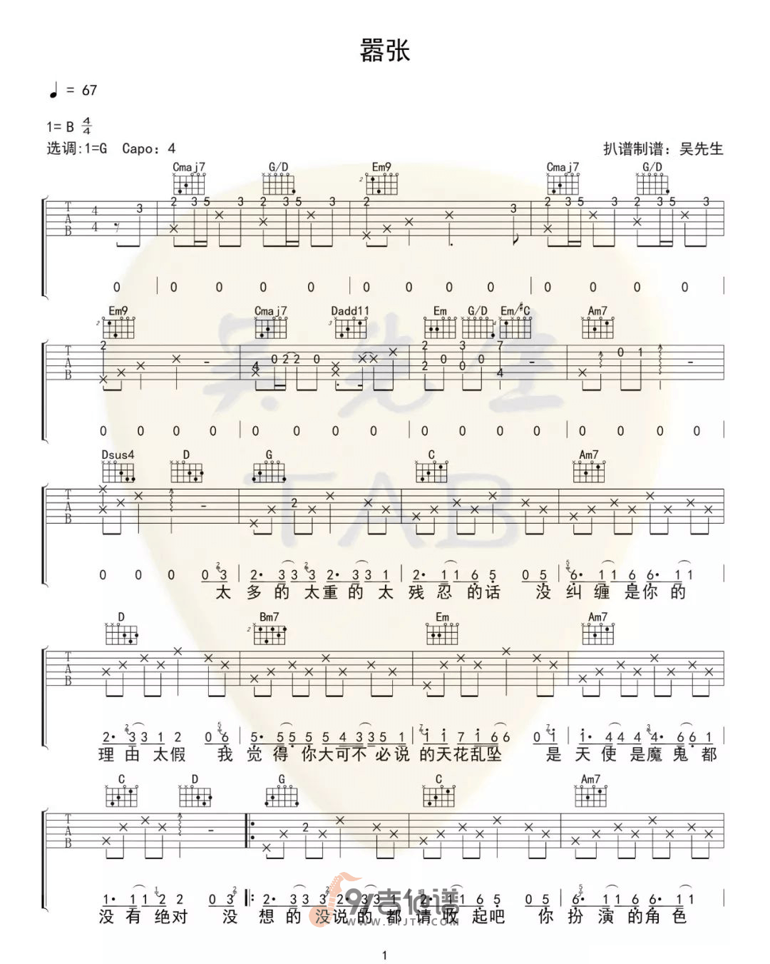 en《嚣张》吉他谱 G调指法原版编配 民谣吉他弹唱六线谱1