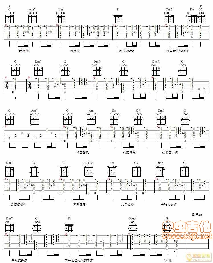 对不起谢谢吉他谱 D调六线谱_虫虫吉他编配_陈奕迅2