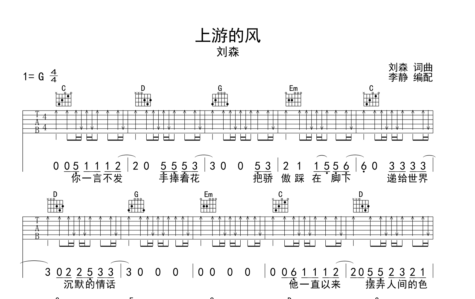 刘森《上游的风》吉他谱_G调吉他弹唱谱1