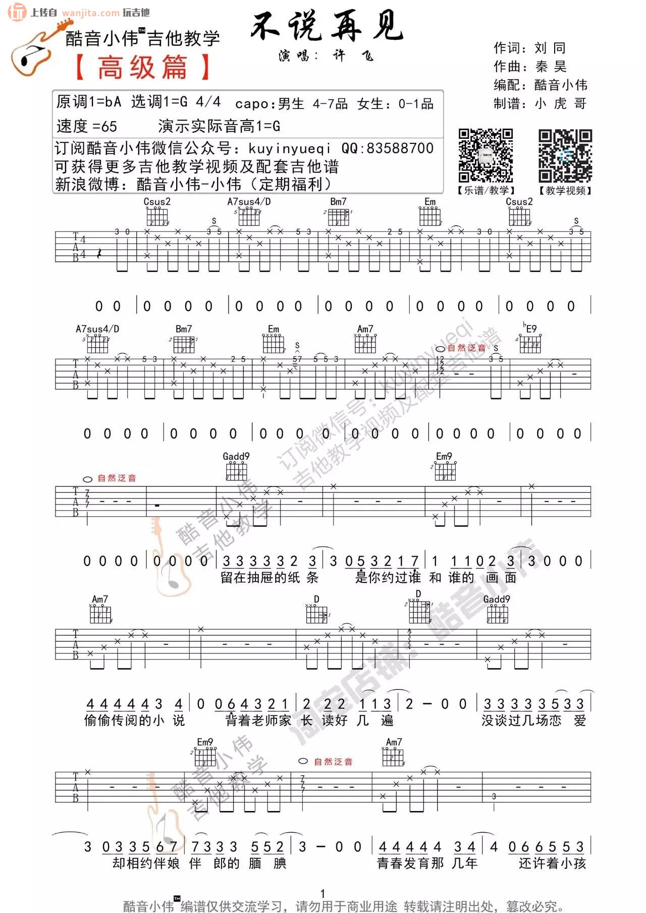 不说再见吉他谱_G调六线谱高级版_吉他视频教学 _许飞1
