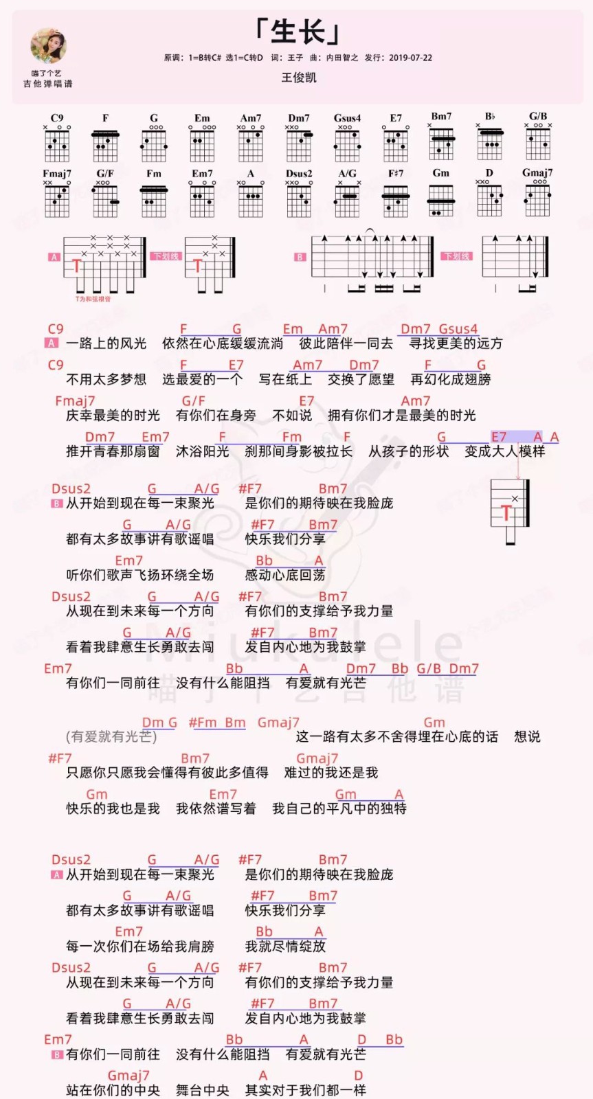 生长吉他谱_王俊凯_C调指法简单版_吉他弹唱谱1
