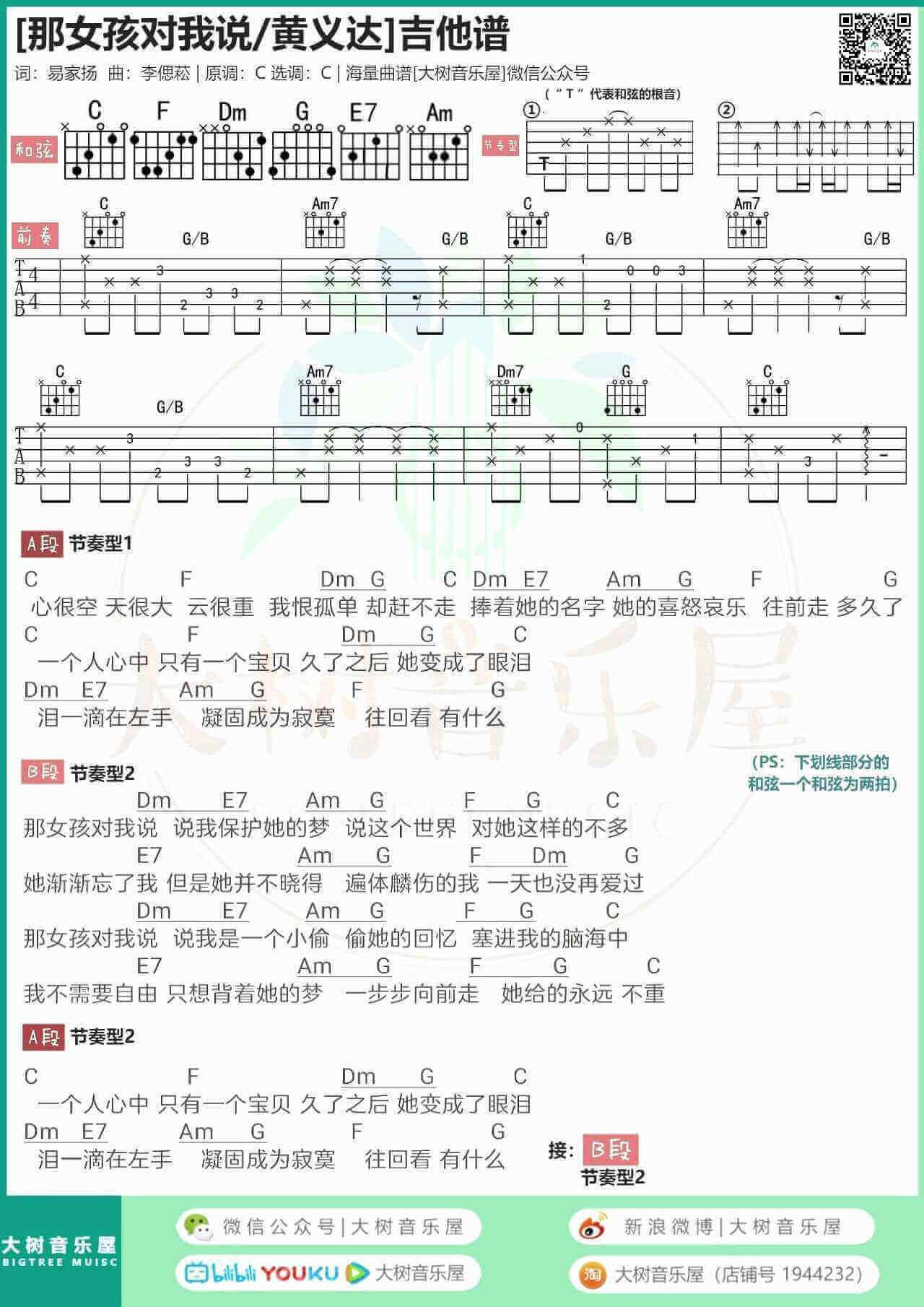 那女孩对我说吉他谱-黄义达-C调带前奏-弹唱谱1