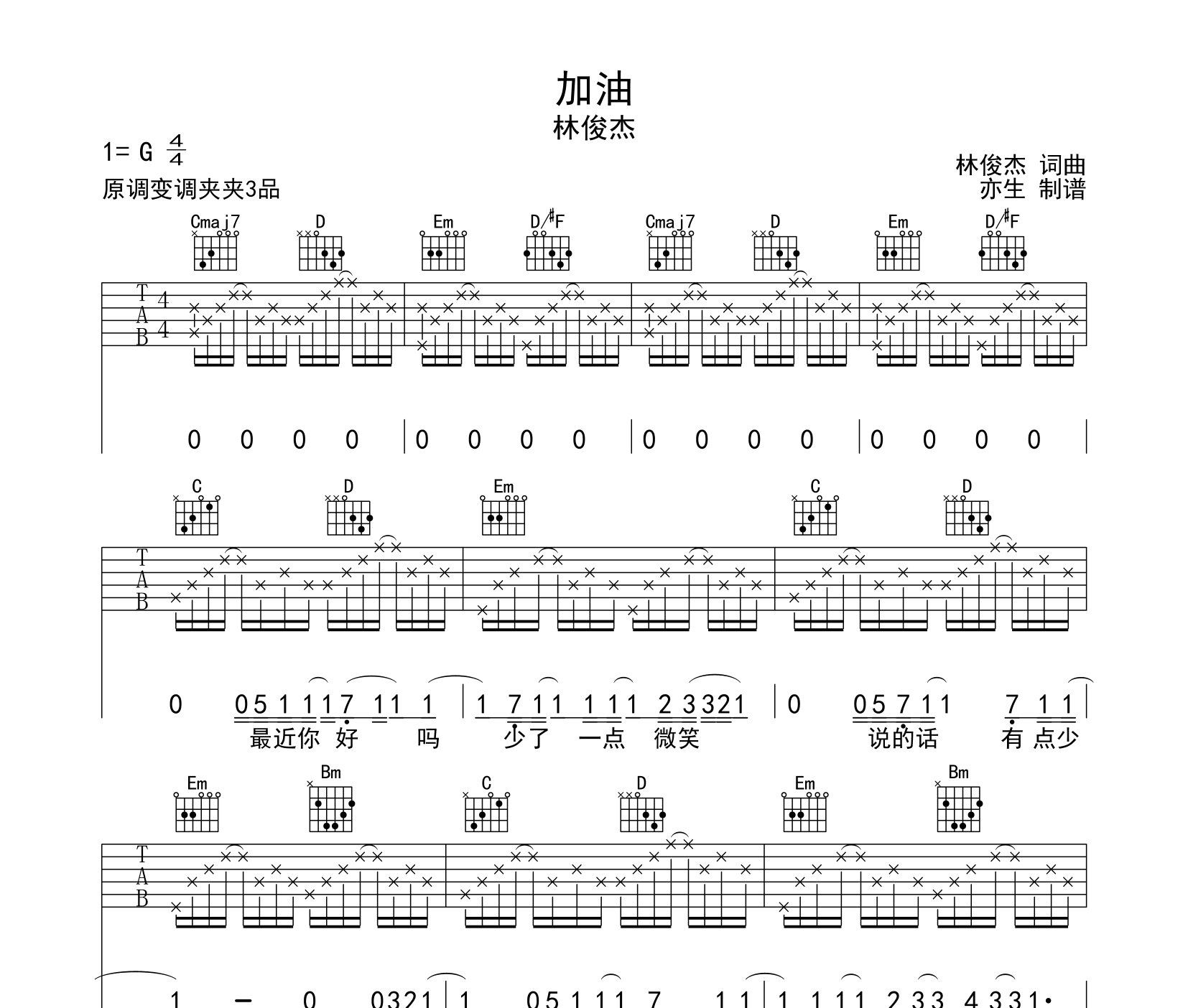 加油吉他谱_林俊杰_G调指法编配吉他六线谱1
