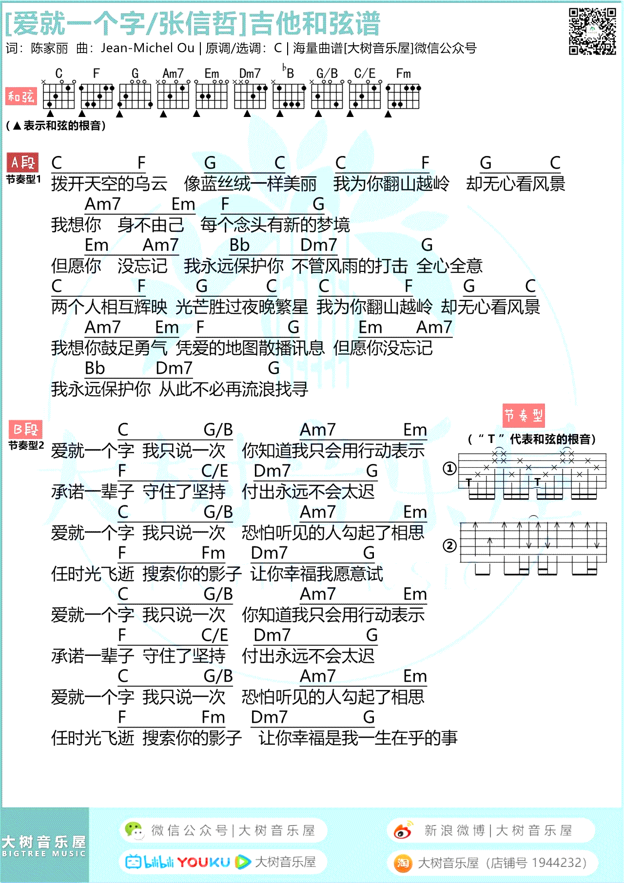 爱就一个字吉他谱_张信哲/V仔改编版_弹唱教学视频3