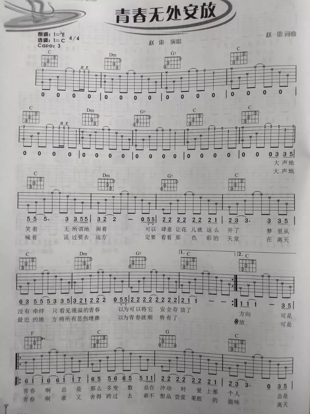 青春无处安放 赵雷 C调吉他谱1