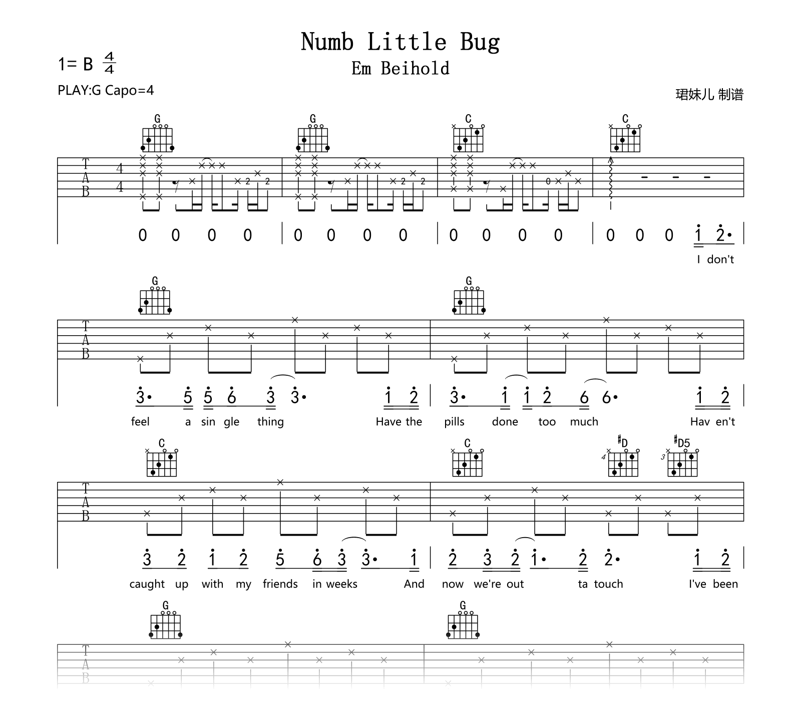 Numb Little Bug吉他谱_Em Beihold_G调弹唱六线谱1