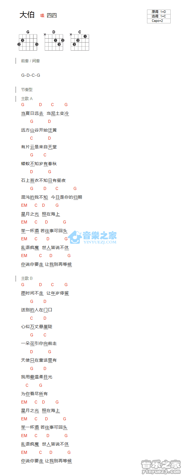 大伯吉他谱 C调和弦谱-四四1