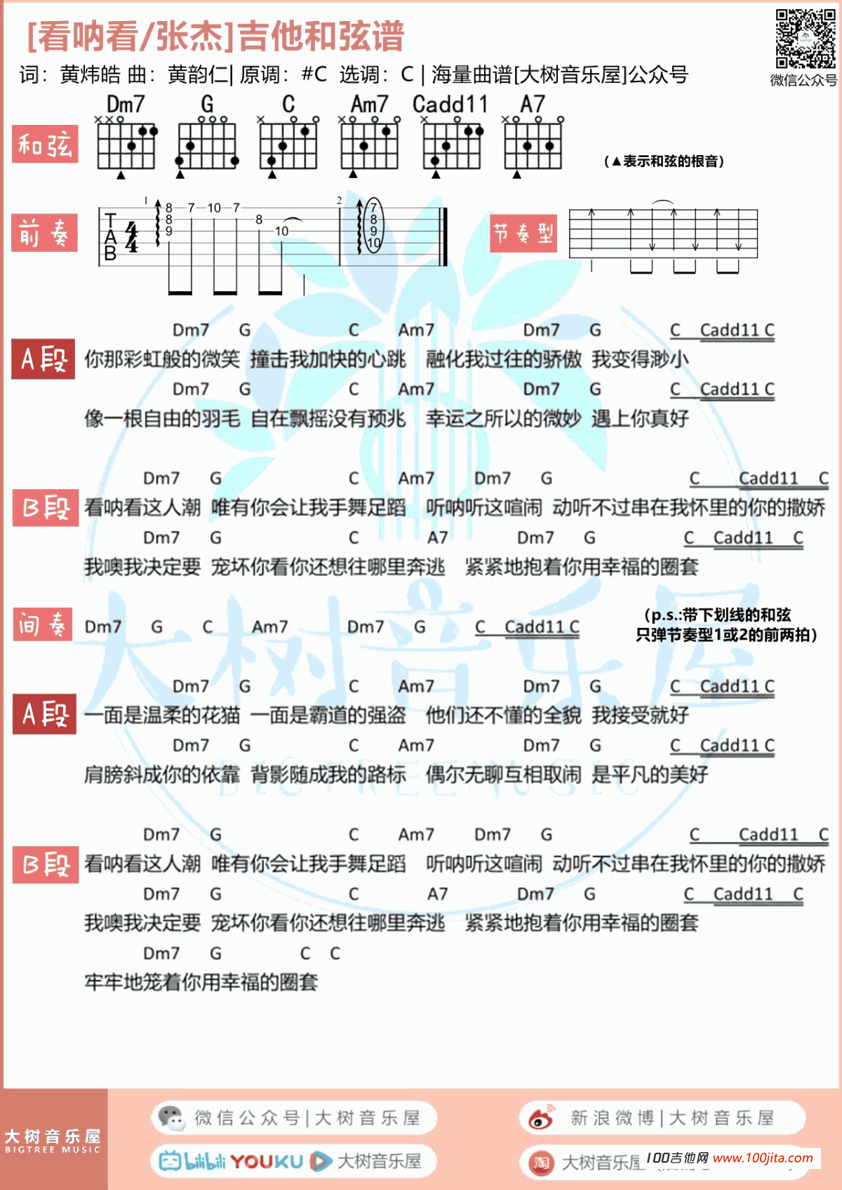 看呐看吉他谱_张杰_C调吉他谱1