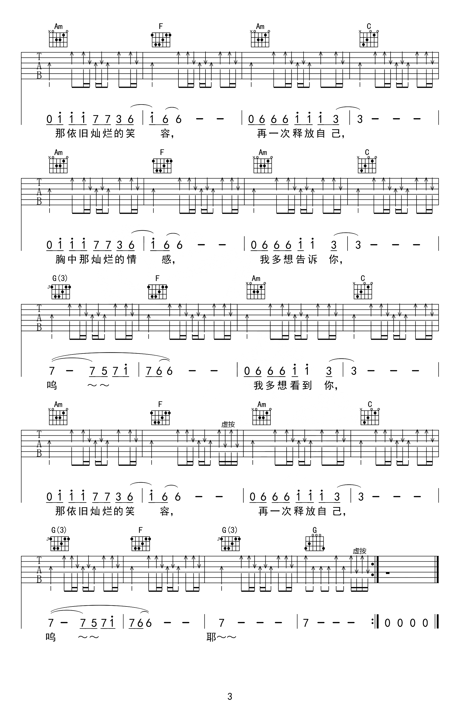 完美生活吉他谱_许巍_C调指法原版编配_吉他弹唱六线谱3