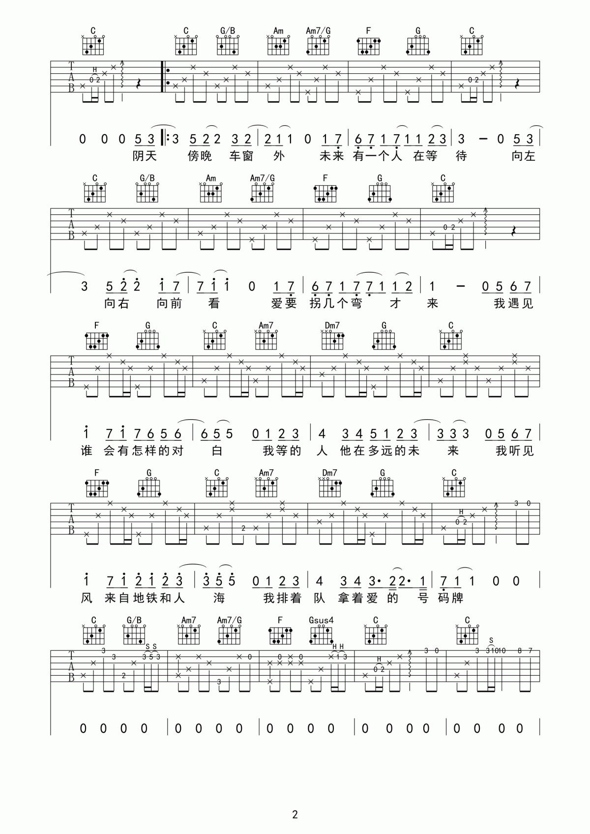 《遇见》吉他谱 C调 孙燕姿2