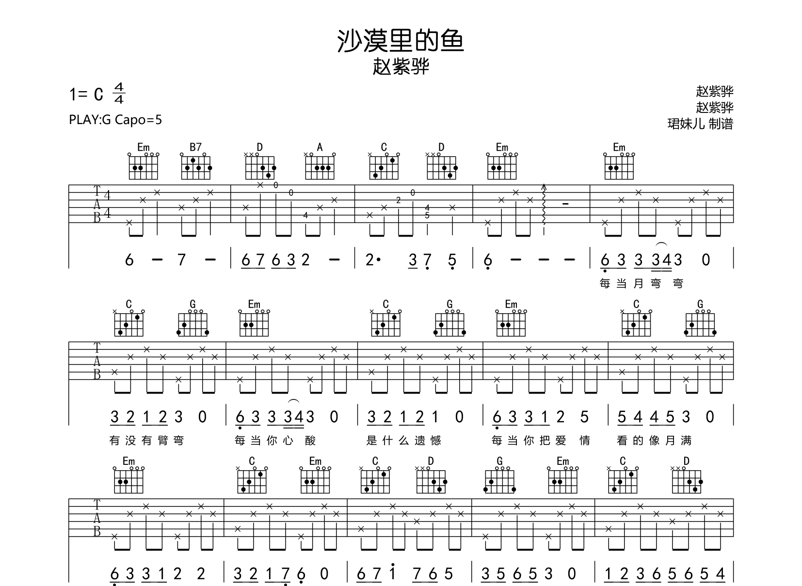 沙漠里的鱼吉他谱-赵紫骅-G调原版吉他谱1