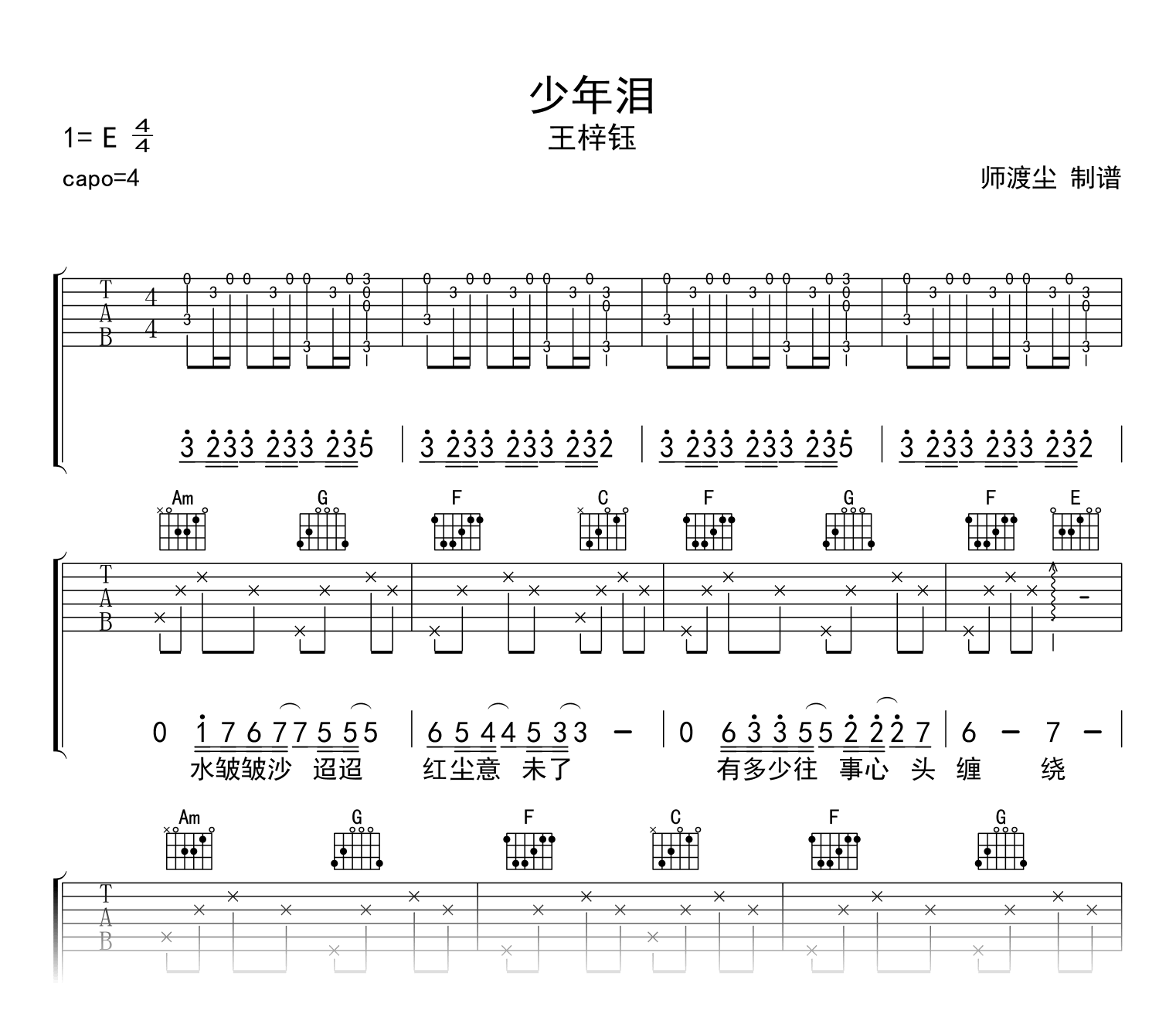 少年泪吉他谱_王梓钰_C调弹唱谱 斗破苍穹主题曲1