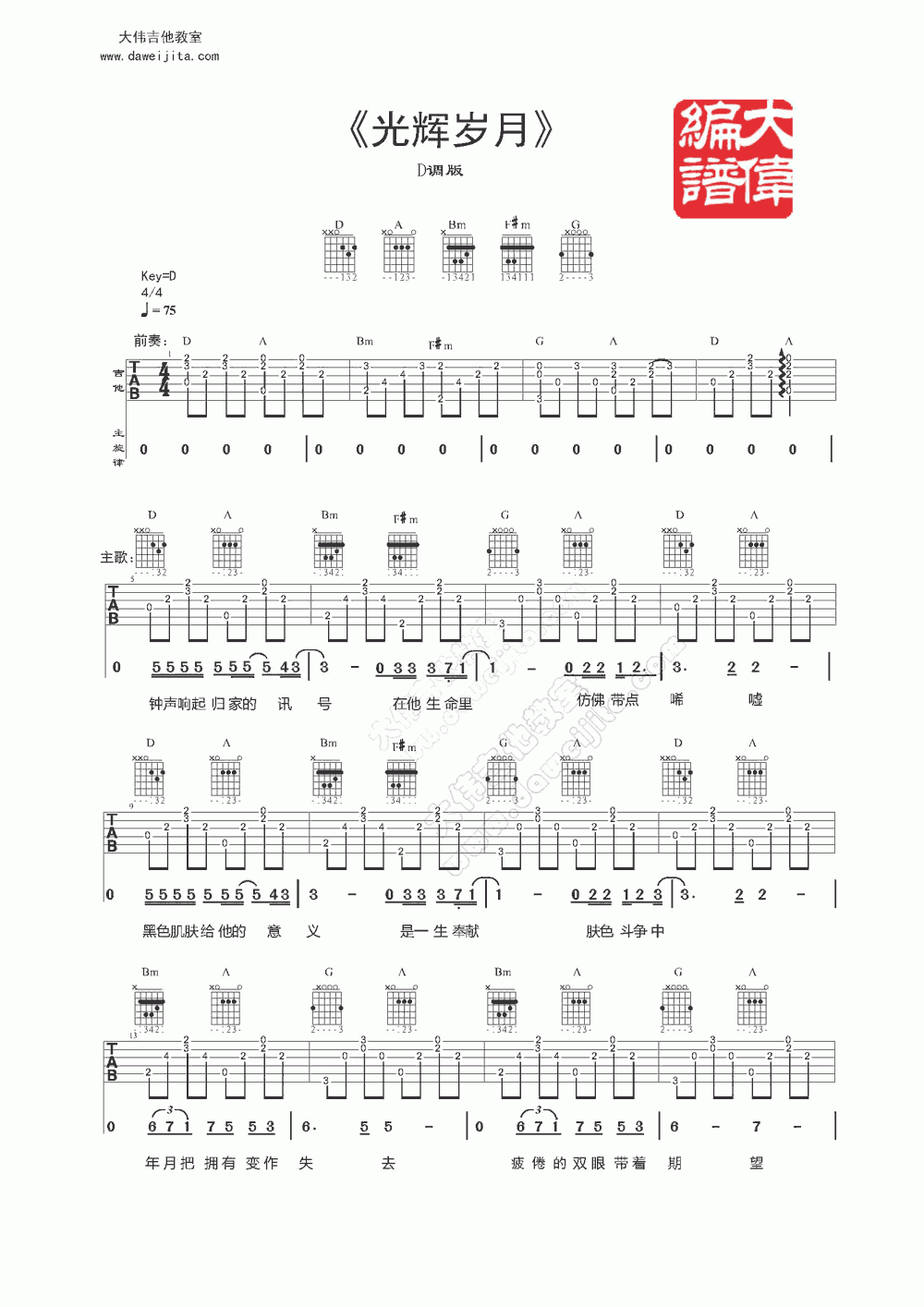 beyond 光辉岁月吉他谱 大伟吉他版1