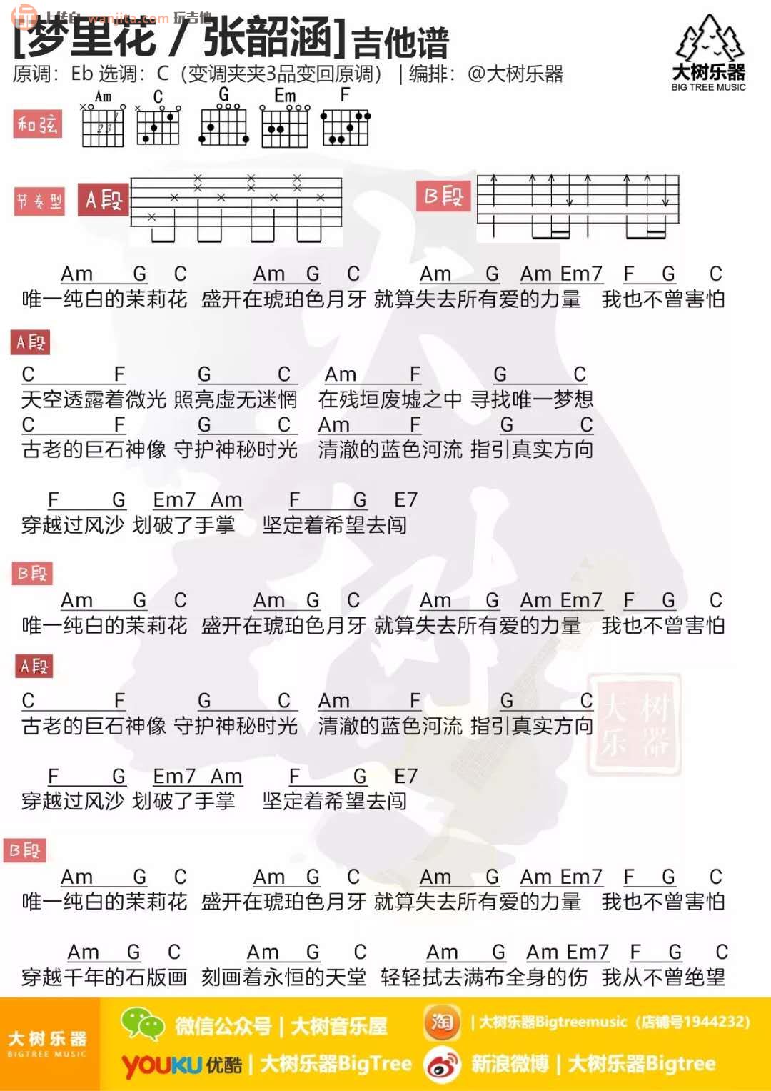 梦里花吉他谱_张韶涵_C调和弦谱_《梦里花》吉他弹唱谱1