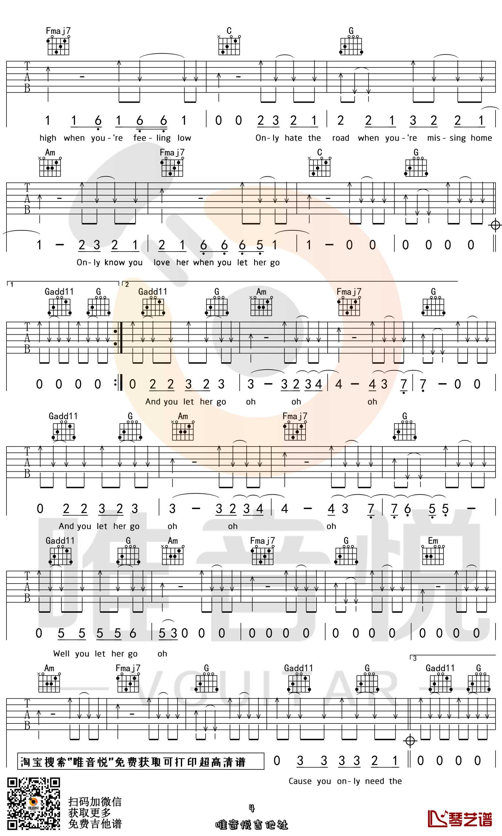 Let Her Go吉他谱 Passenge C调原版 弹唱六线谱4