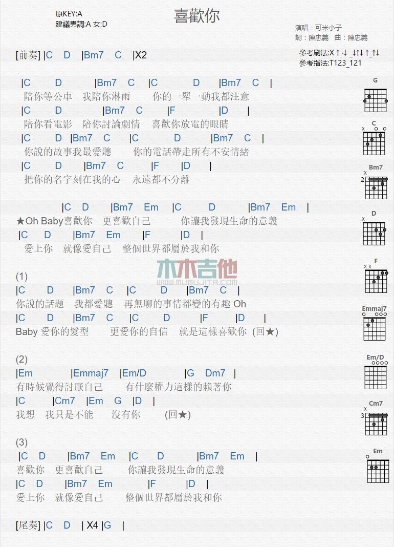 喜欢你_吉他谱_可米小子1