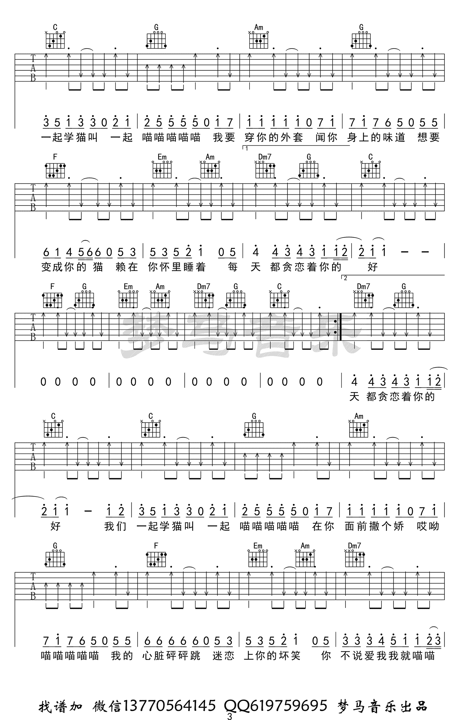 学猫叫吉他谱-C调弹唱谱-抖音歌曲-吉他示范视频3