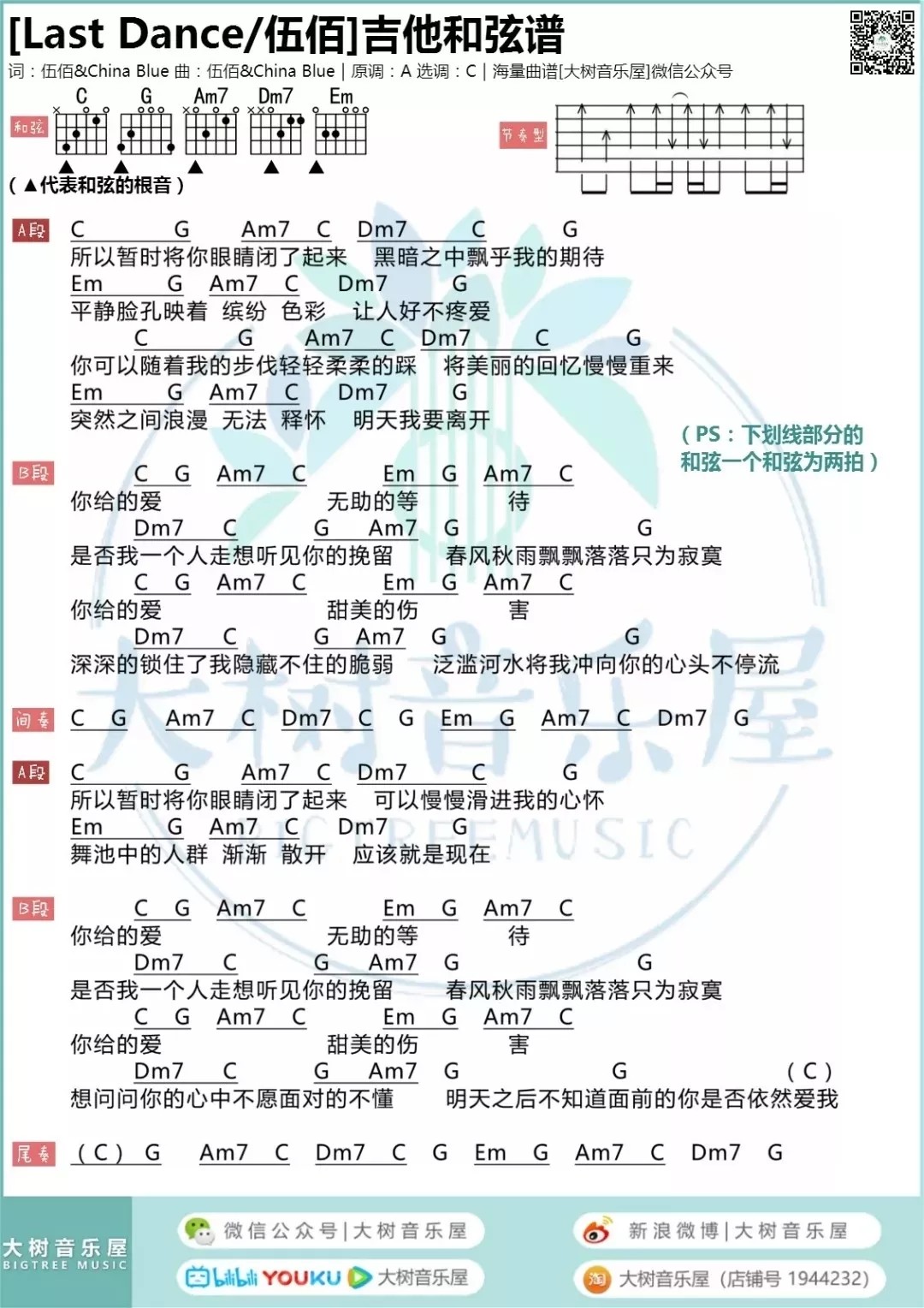 Last Dance吉他谱 C调和弦谱_大树音乐屋编配_伍佰1